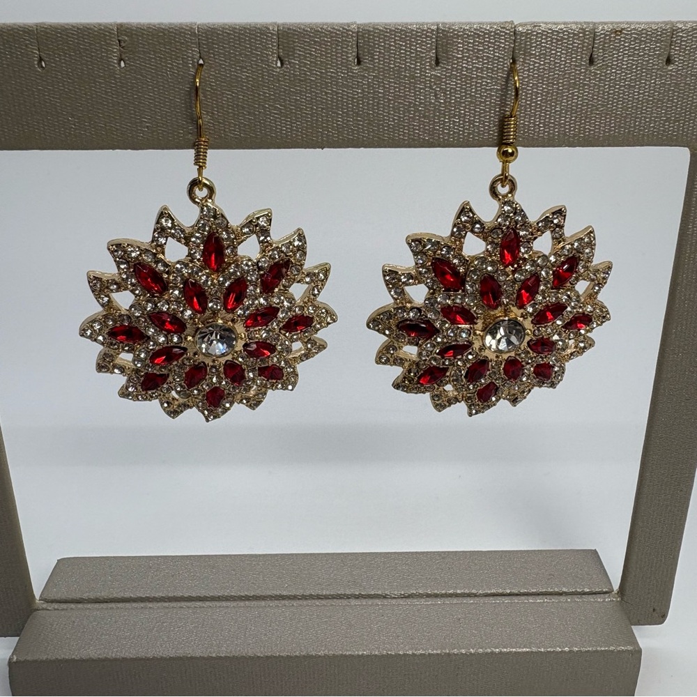 Red Clear and Gold Floral CZ Dangle Fishhook Party Wedding Pageant Earrings